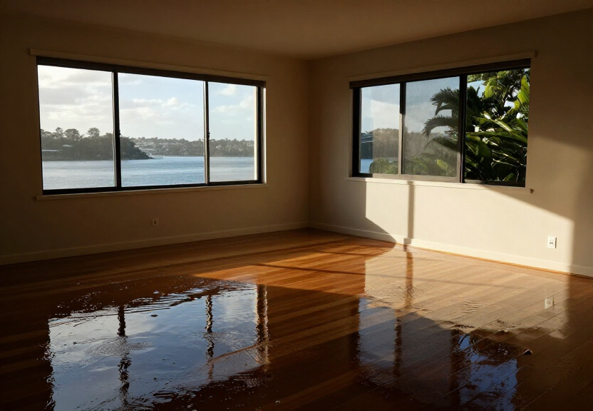 Flooded living room in a Riverstone home with water covering the floor