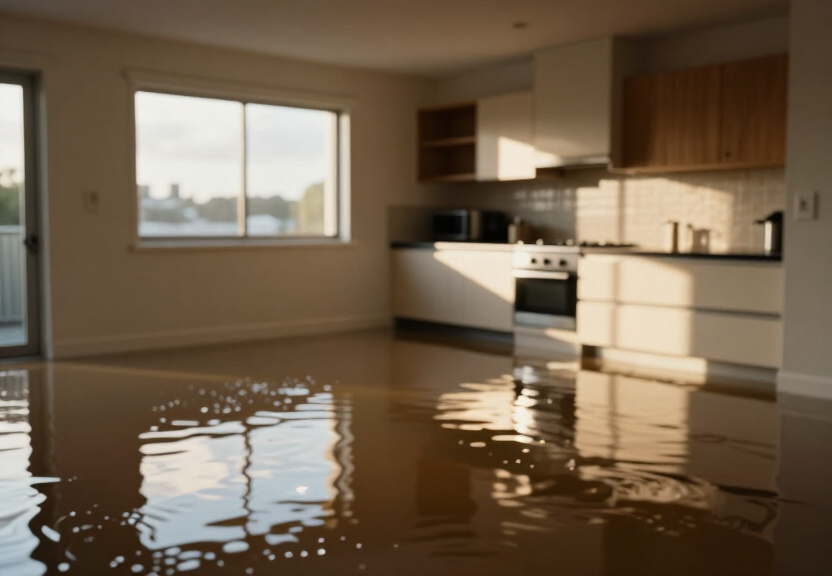 Flooded garage in Riverstone property before drying